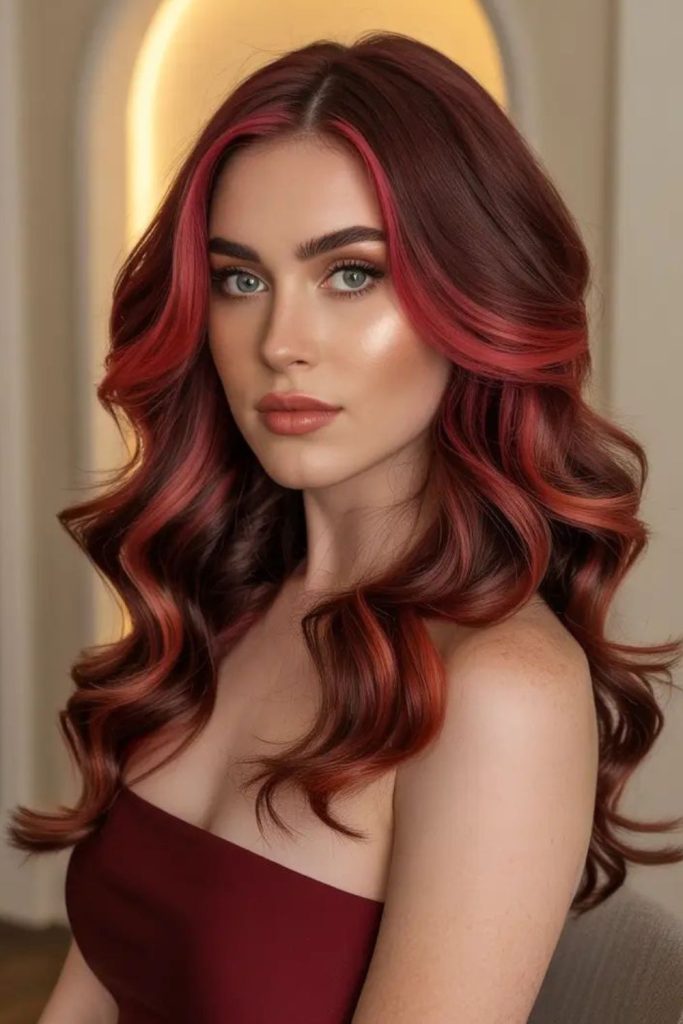Cherry velvet ribbons through flowing hair.