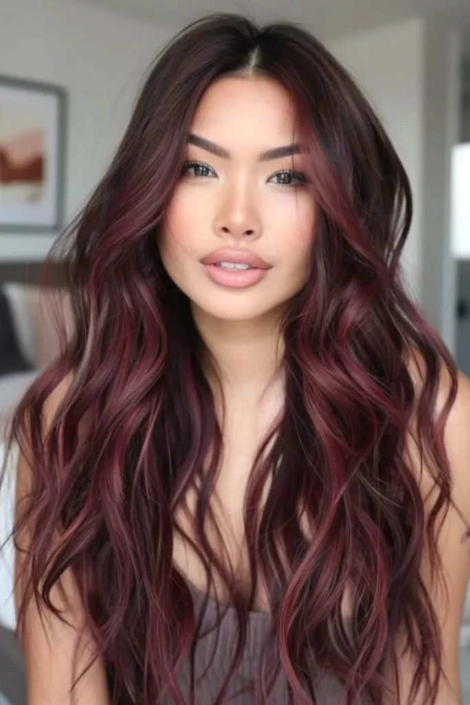 Cherry wine highlighted dark hair