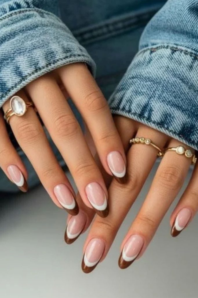 Chocolate French tips with marshmallow accents.