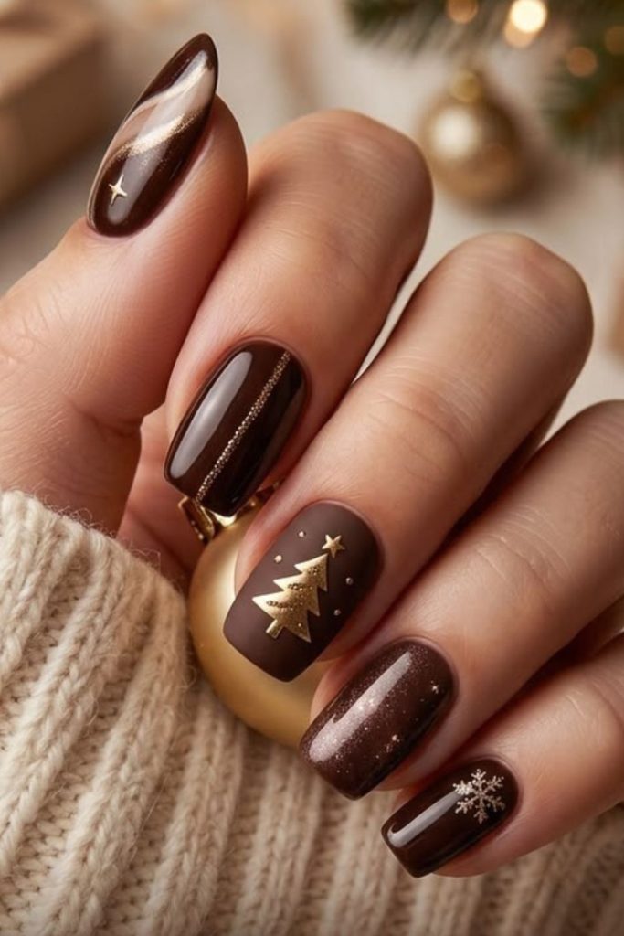 Chocolate brown Christmas pine nail design.
