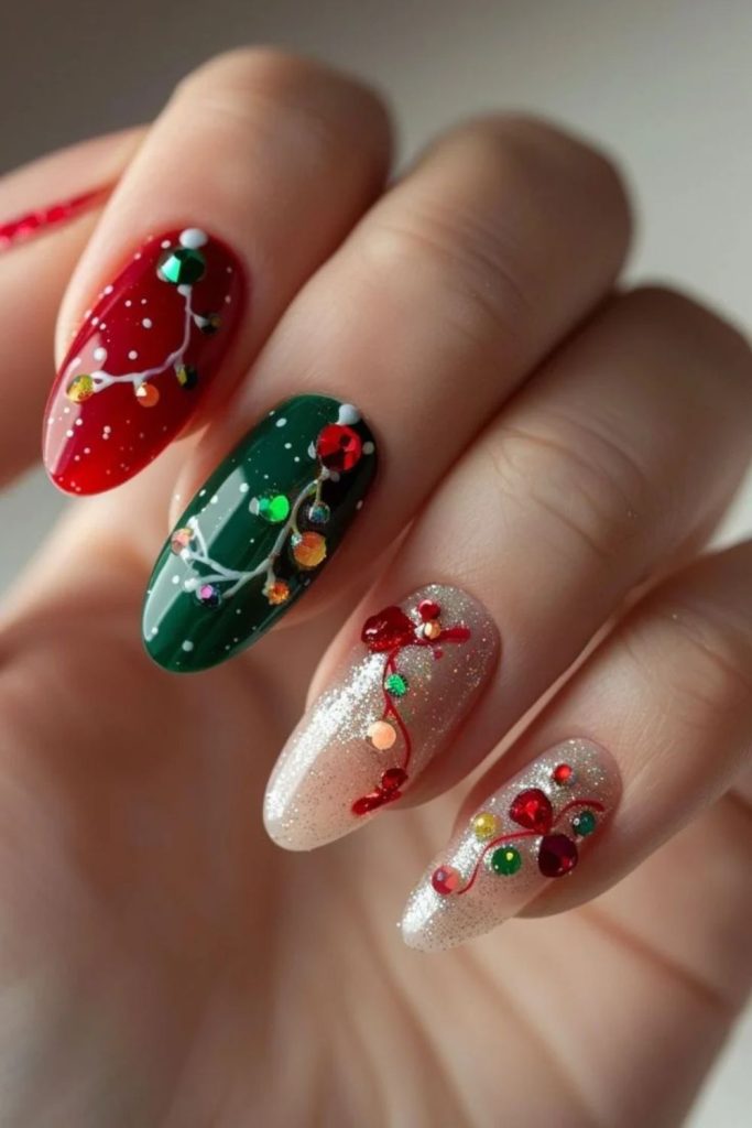 Red green Christmas lights nail art.