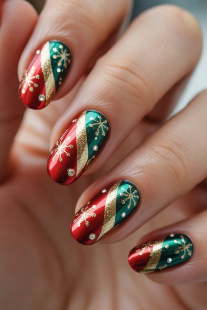 Red green Christmas ornament nail art.