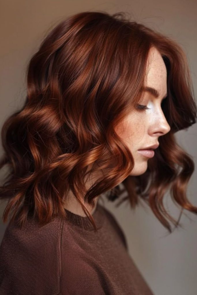 Cinnamon mahogany waves with warm highlights.