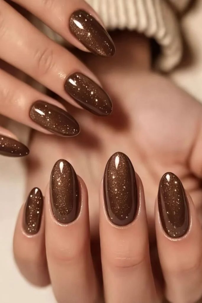 Cocoa nails with delicate sugar shimmer.