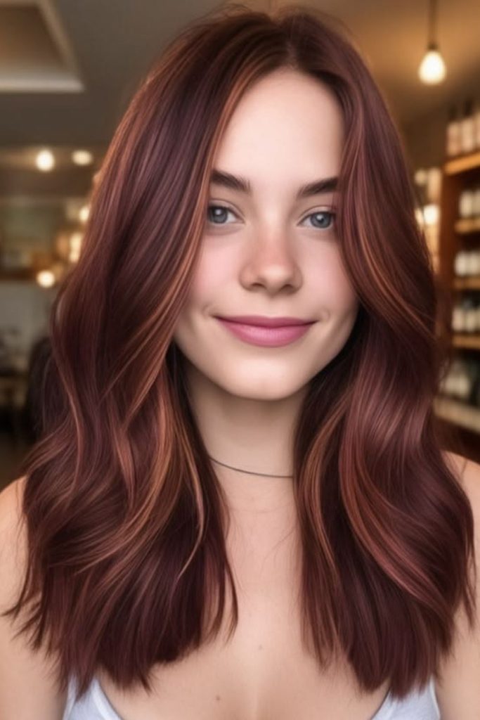 Copper mahogany ribbons through textured hair.