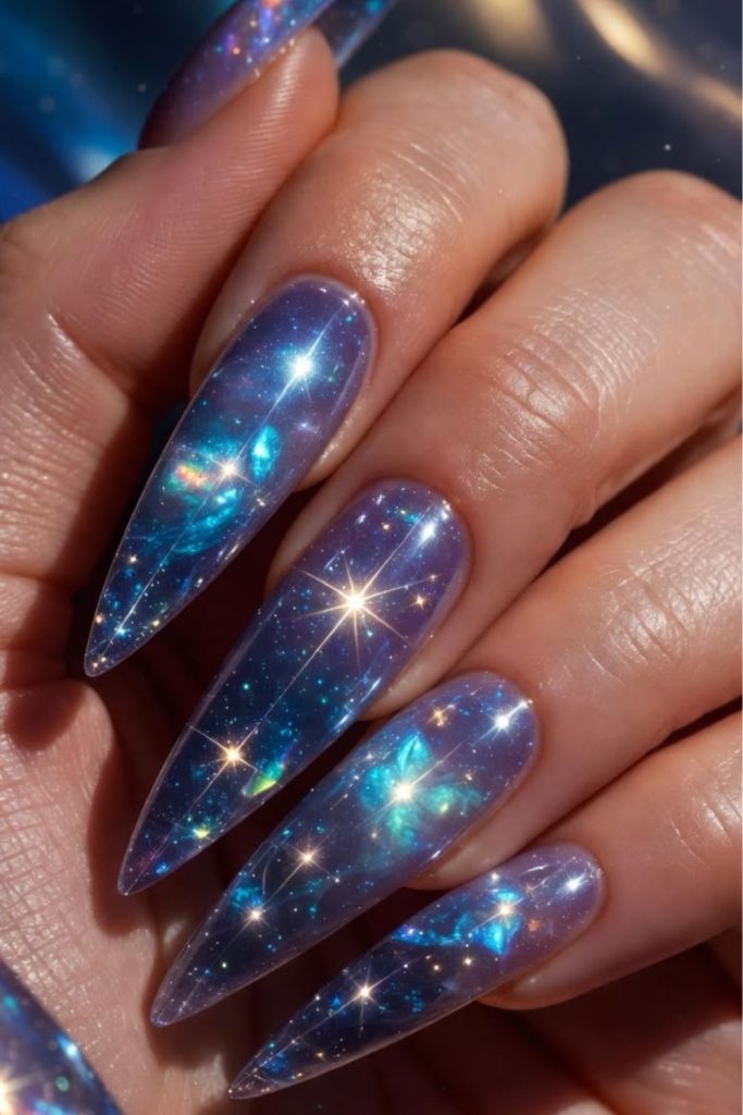 Black cosmic starry stiletto nails.