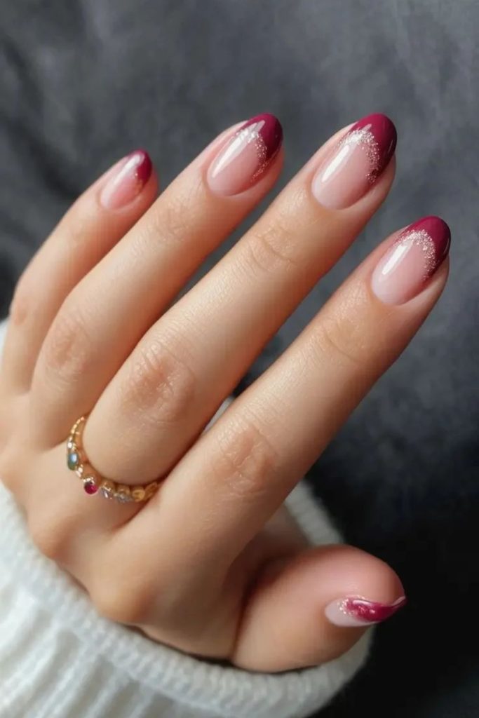 Cranberry French tips with crystals