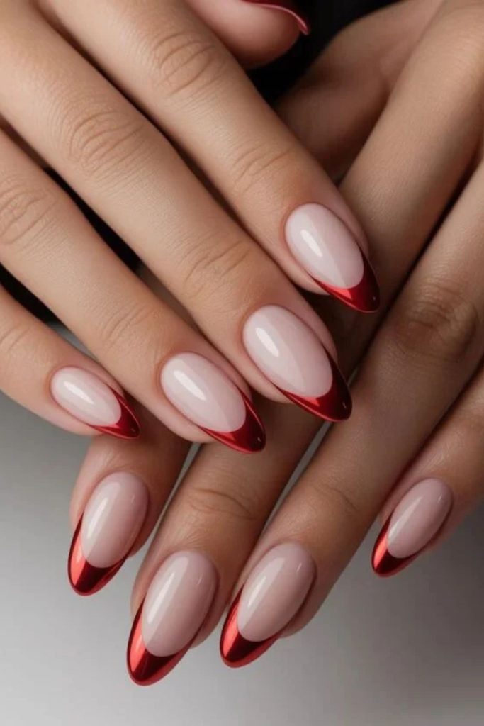 Metallic cranberry French tip nails