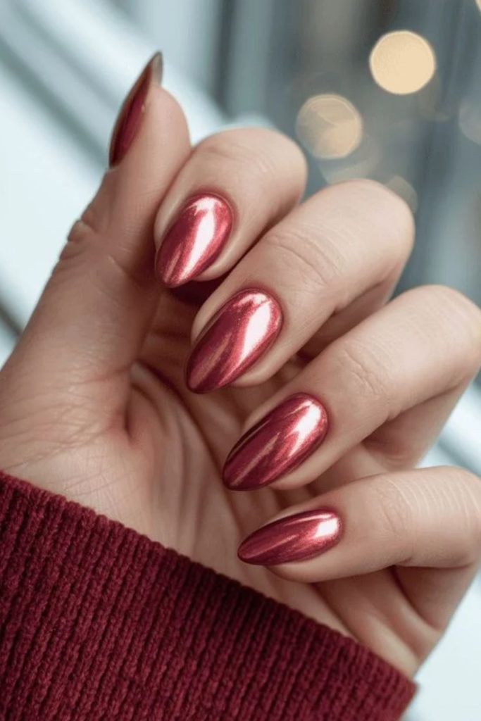 Pearlescent cranberry shimmer manicure design