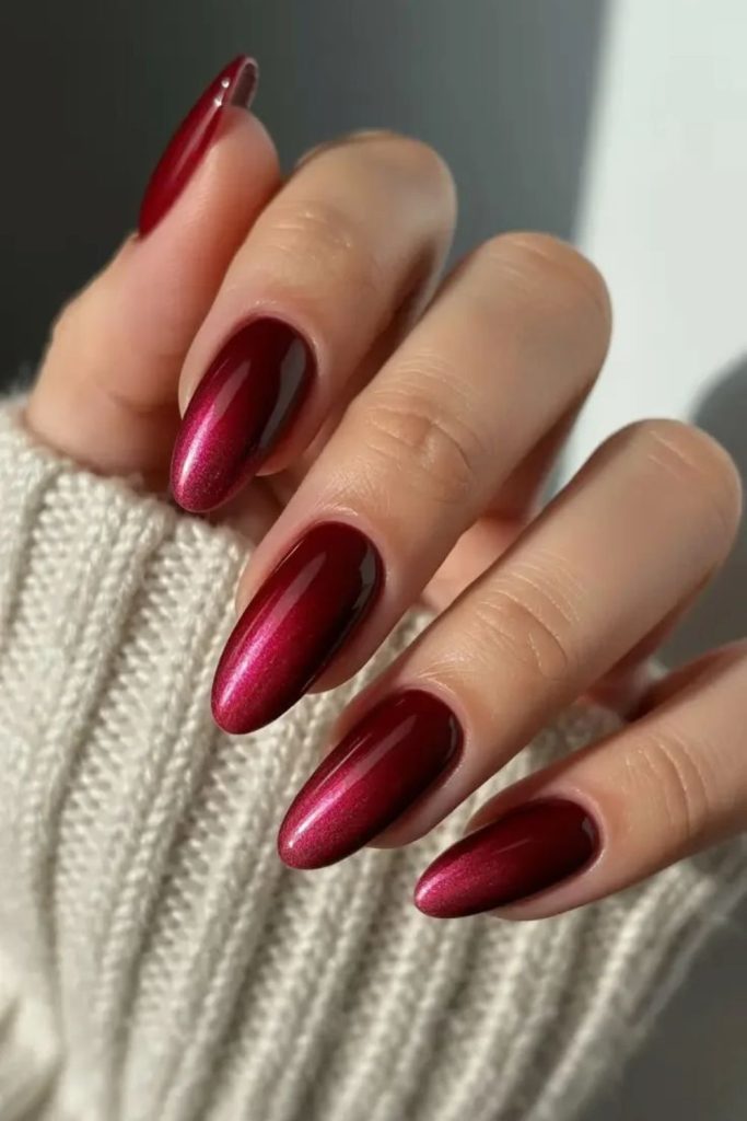 Satin cranberry finish manicure nails