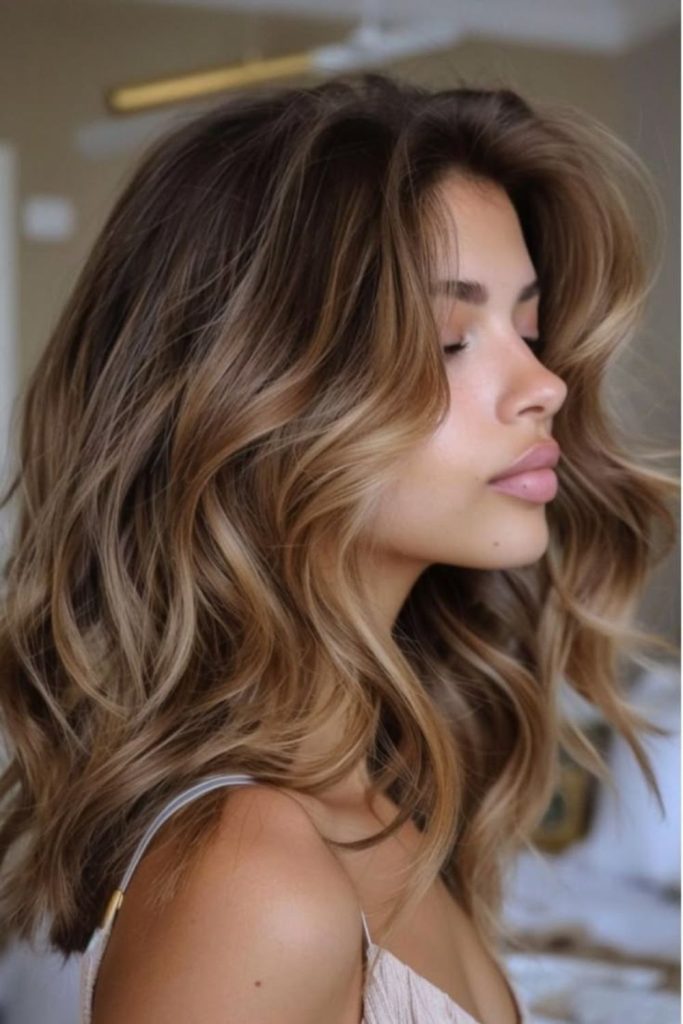 Creamy chai balayage with beige ribbons.