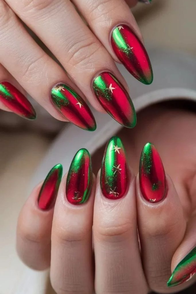 Crimson holly chrome festive nails.