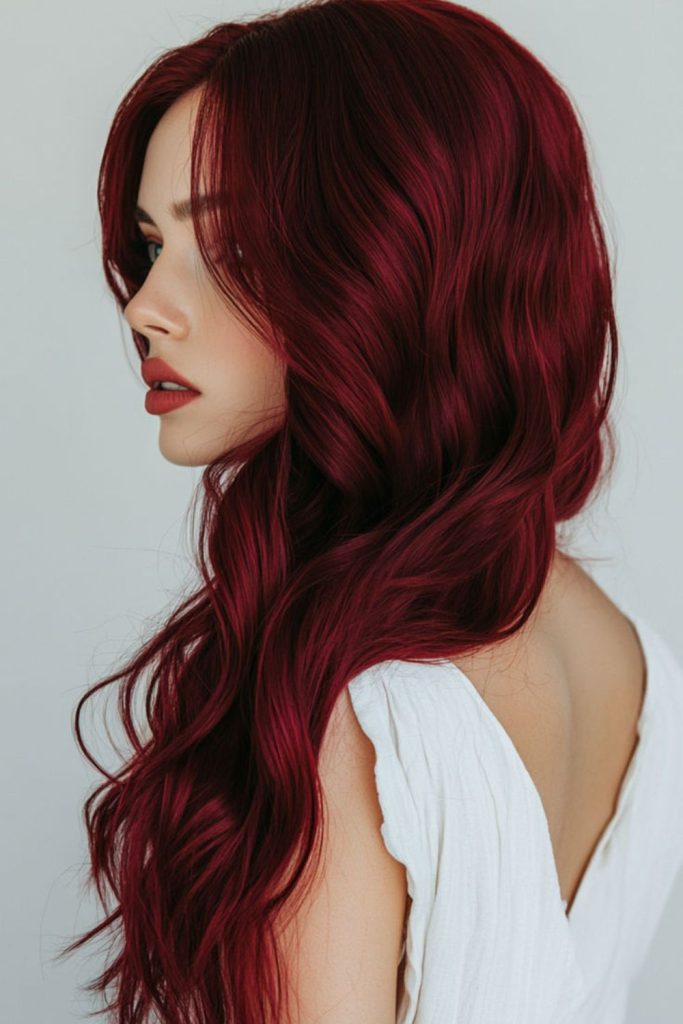 Crimson velvet hair with warm highlights.