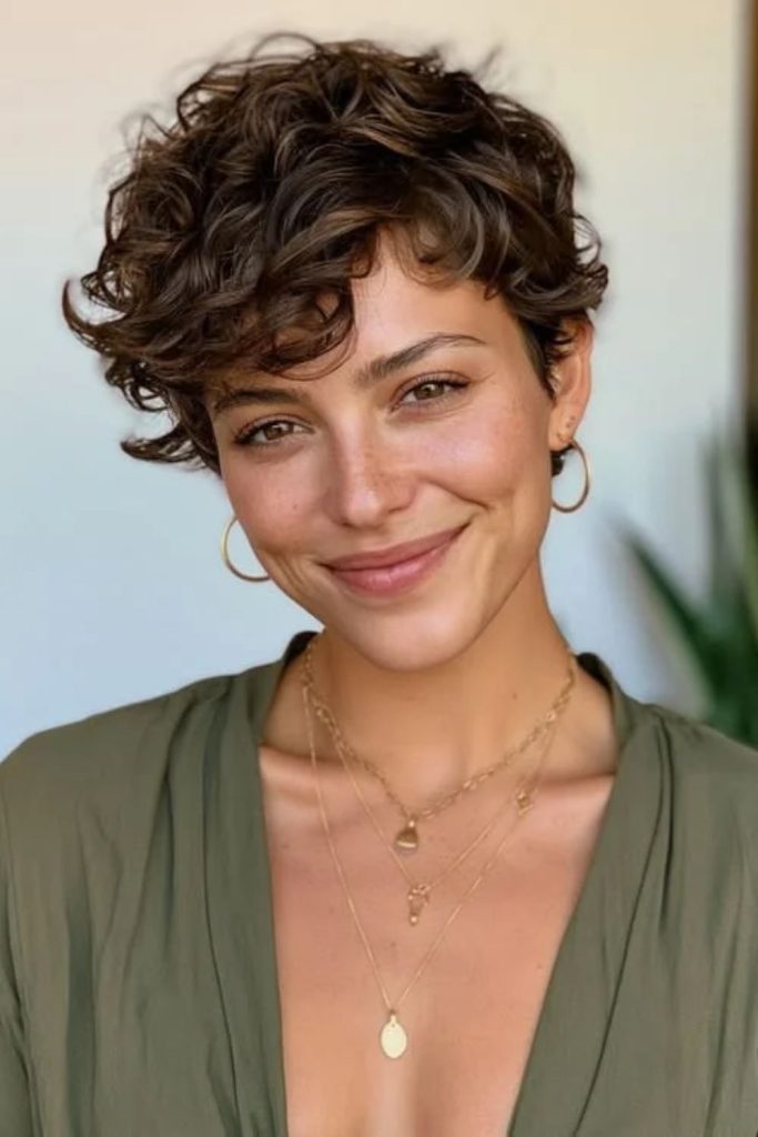 Curly layered pixie bob haircut.