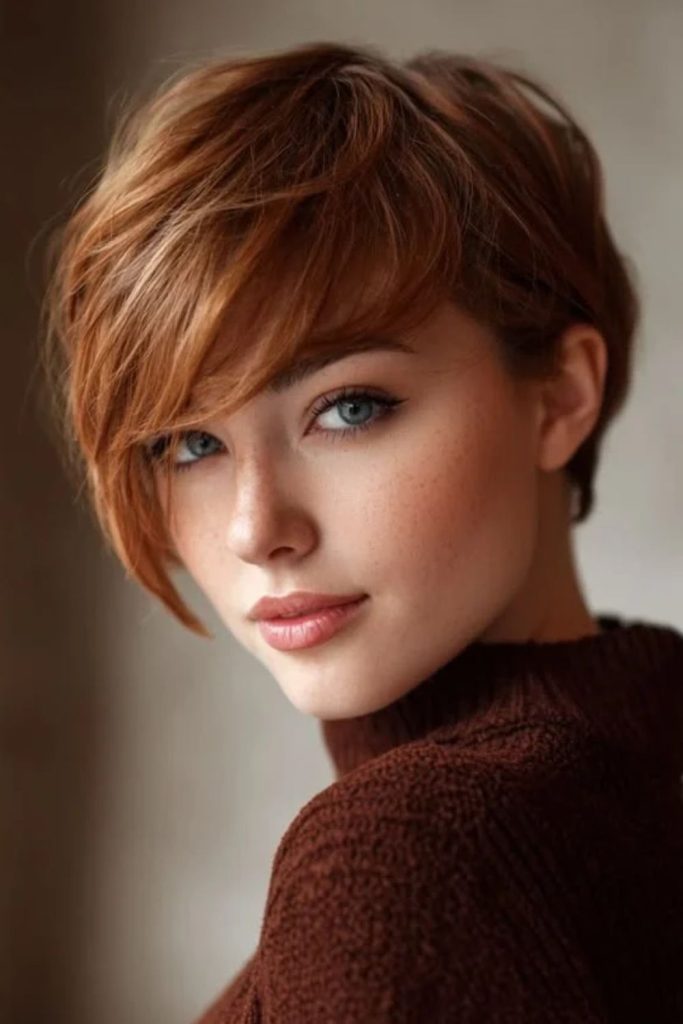Curved auburn pixie bob haircut.