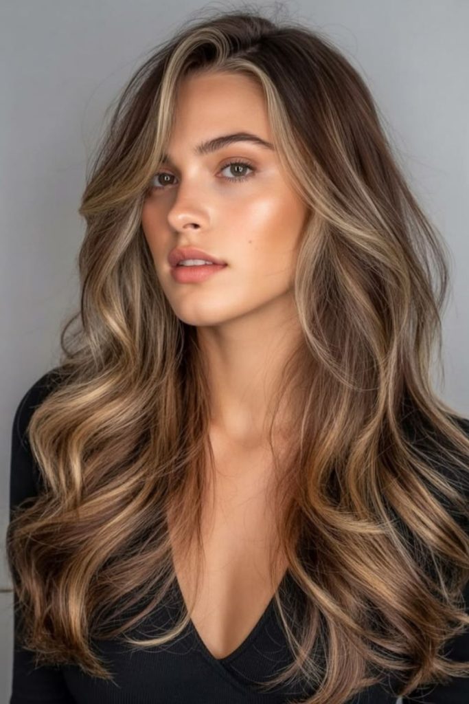 Dark bronde hair with understated blonde highlights.