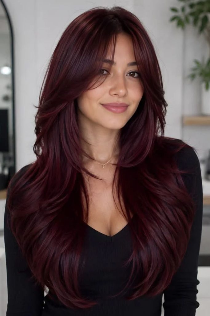Dark cherry curtain wave hairstyle