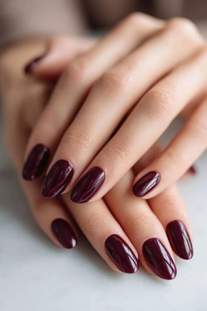 Dark plum burgundy glossy nails