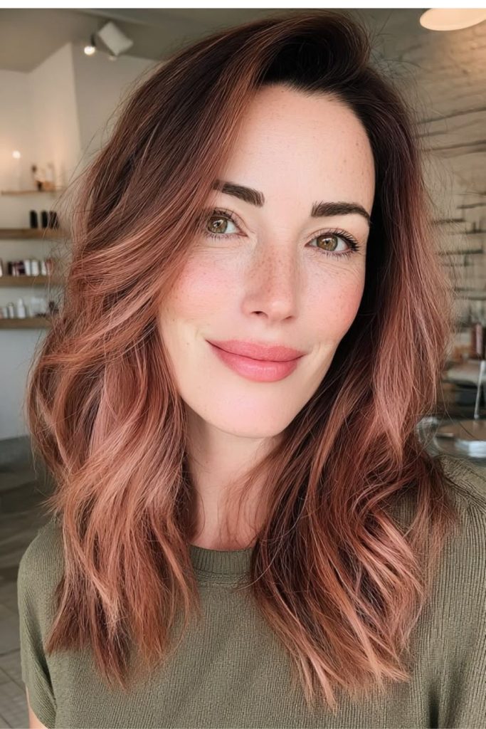 Deep rose gold hair with waves.
