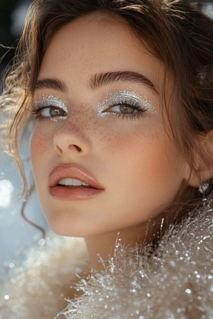 Dewy snow globe makeup look.