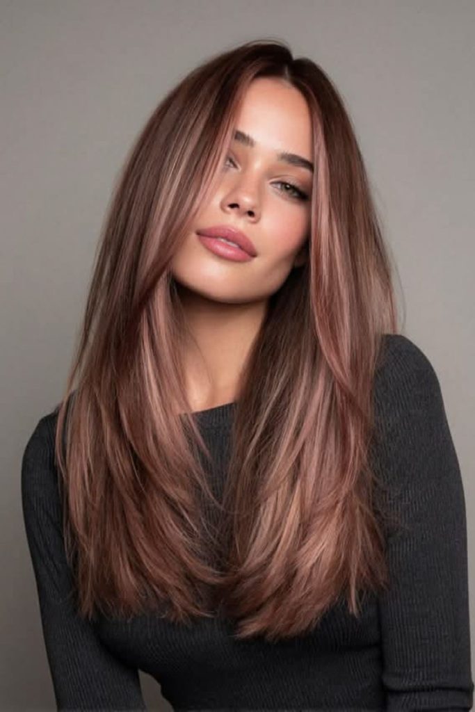 Dusty rose gold hair with waves.