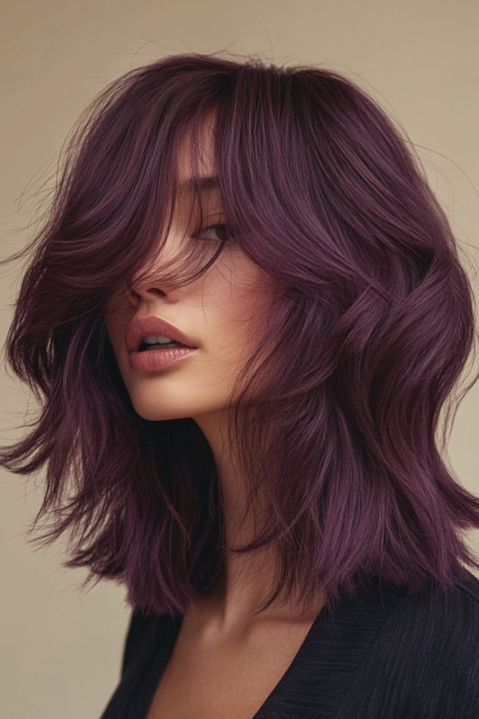 Electric plum vibrant glossy layered hair.