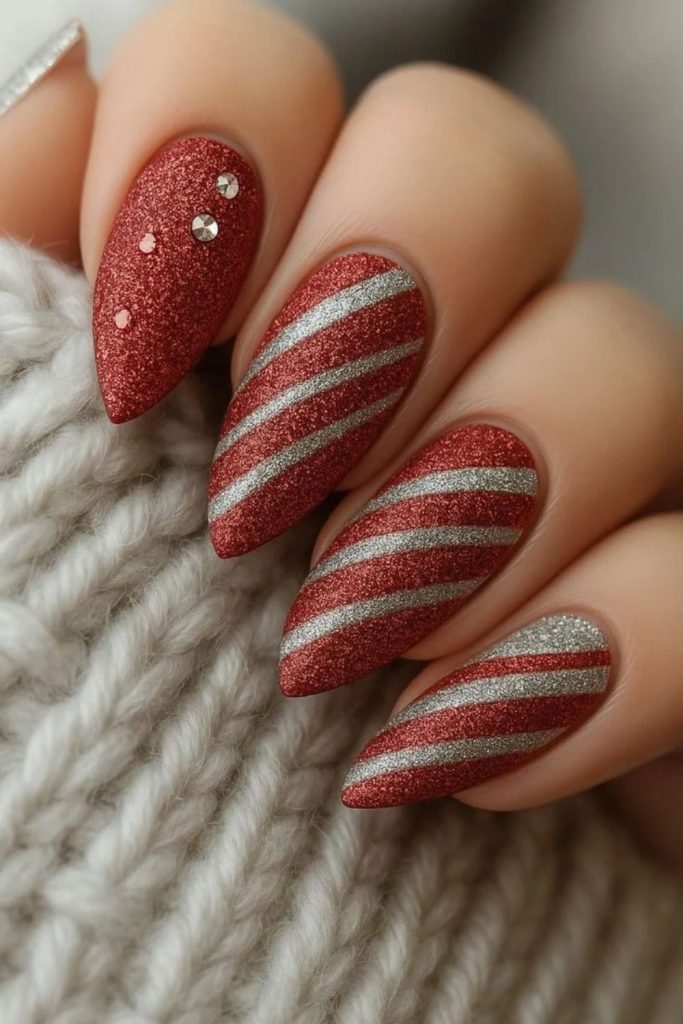 Elegant peppermint velvet Christmas manicure.