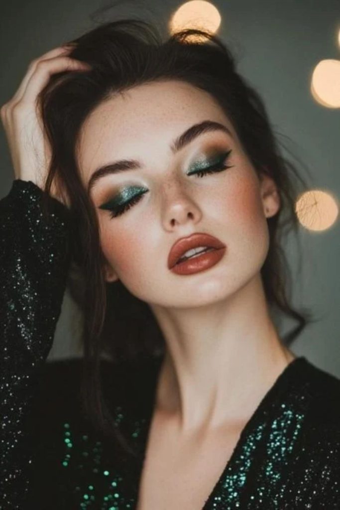 Emerald green jewel-toned siren eye makeup.