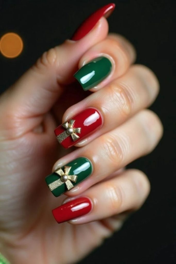 Emerald green gift wrap nail design.