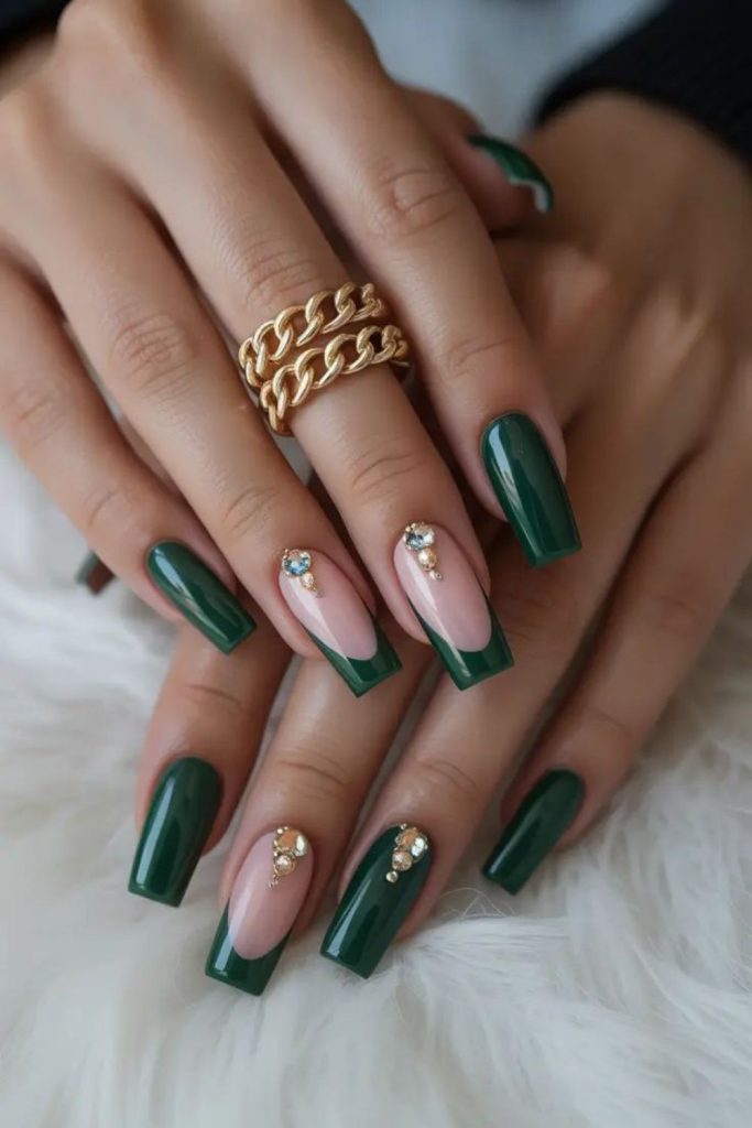 Emerald green jewel coffin nails.