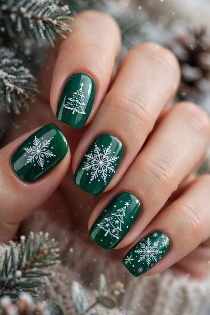 Emerald ornament Christmas tree nail art.