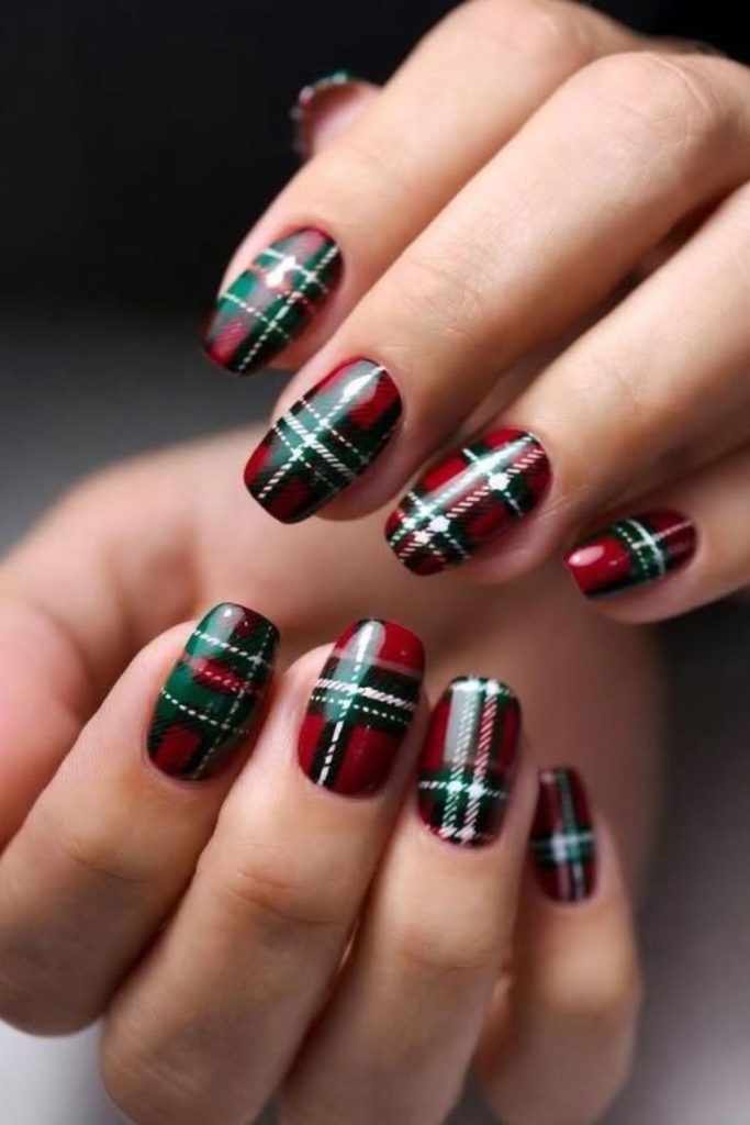 Emerald ruby checkerboard Christmas nails.