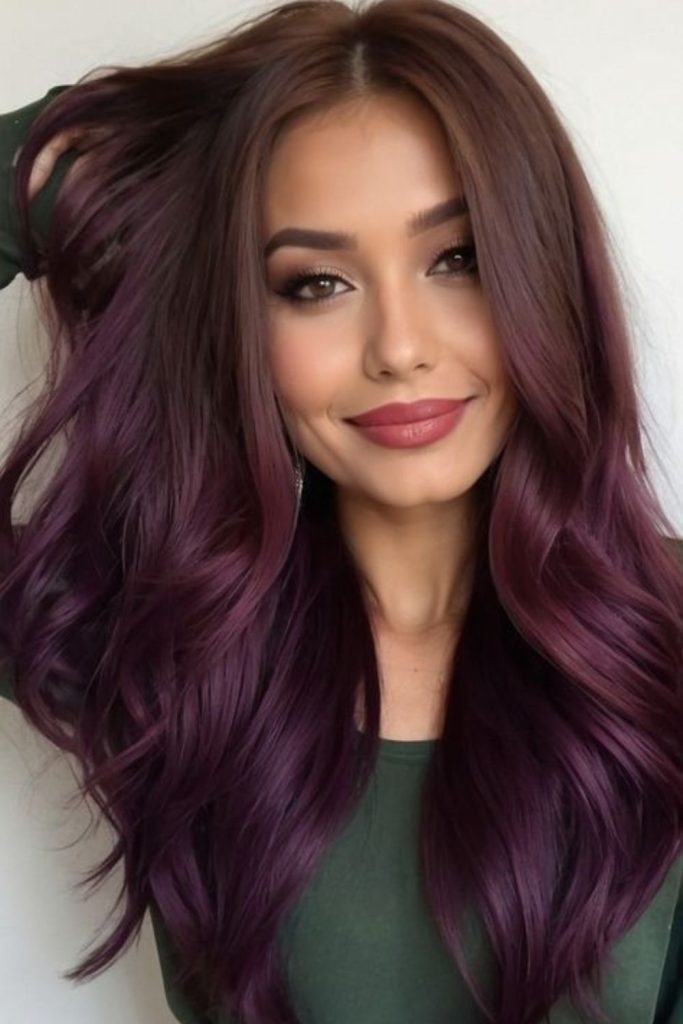 Enchanted plum aurora multidimensional wavy hair.