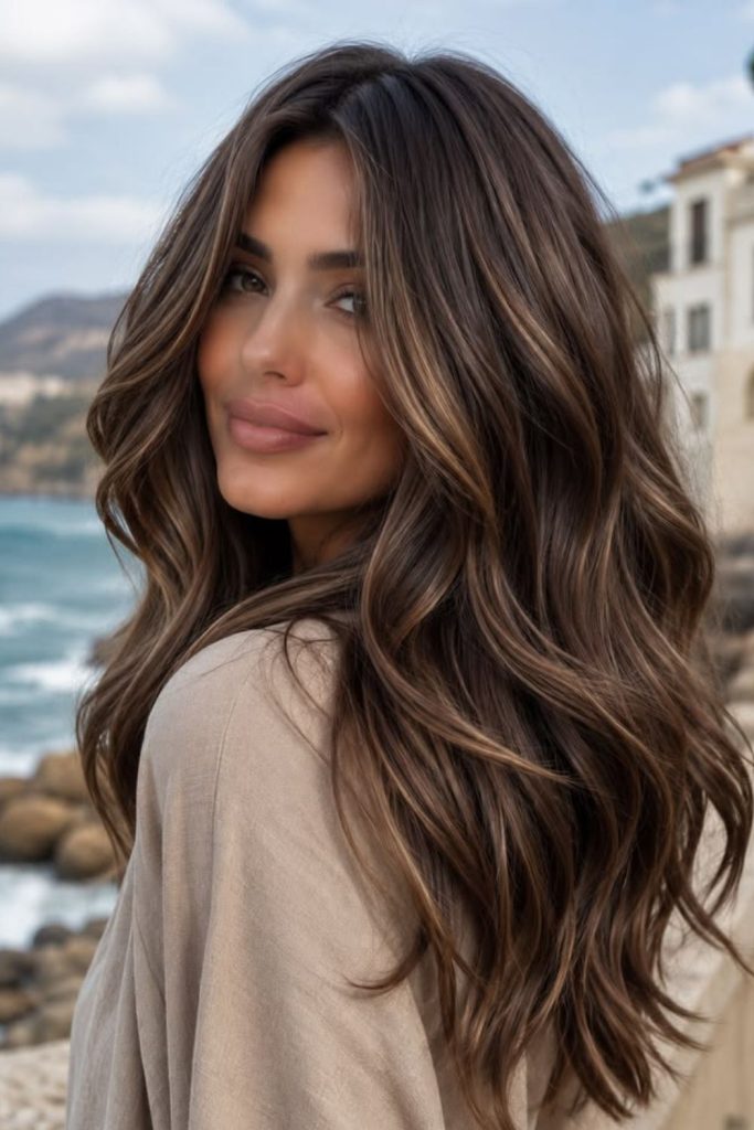 Espresso bronde hair with golden accents.