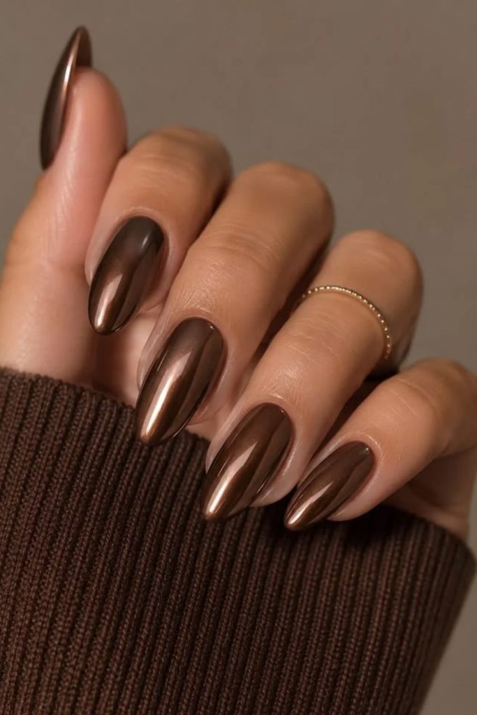 Espresso mocha nails with satin glow.