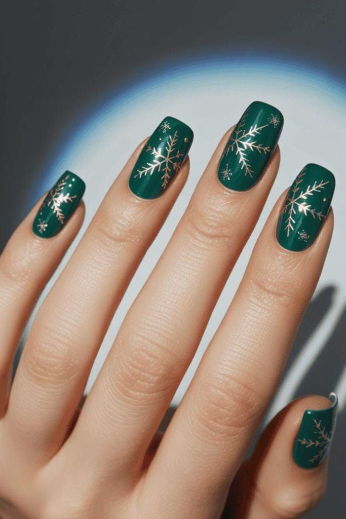 Evergreen matte snowflake winter nails.
