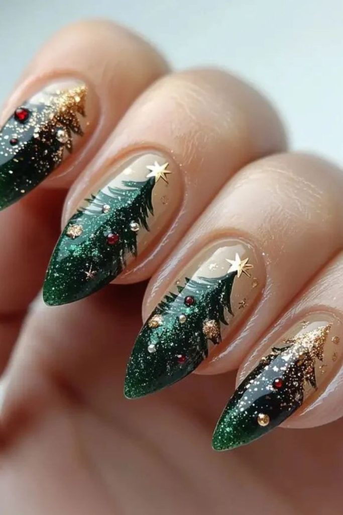 Emerald Christmas tree jewel nail design.