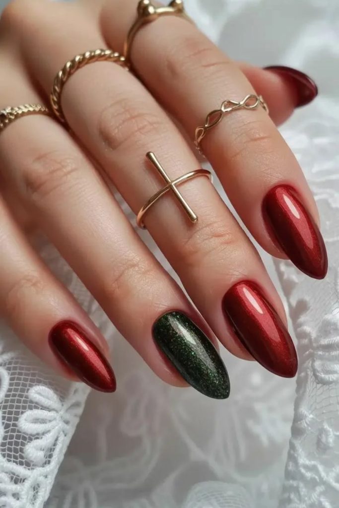 Evergreen ruby red festive nail design.