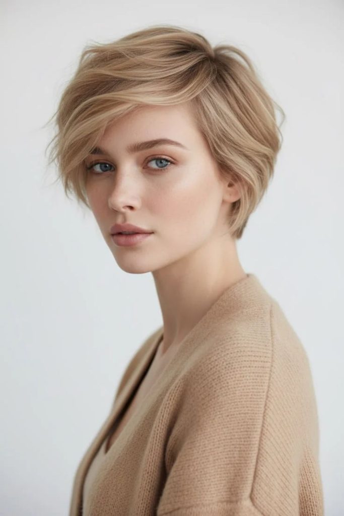 Feathered champagne pixie bob hairstyle.