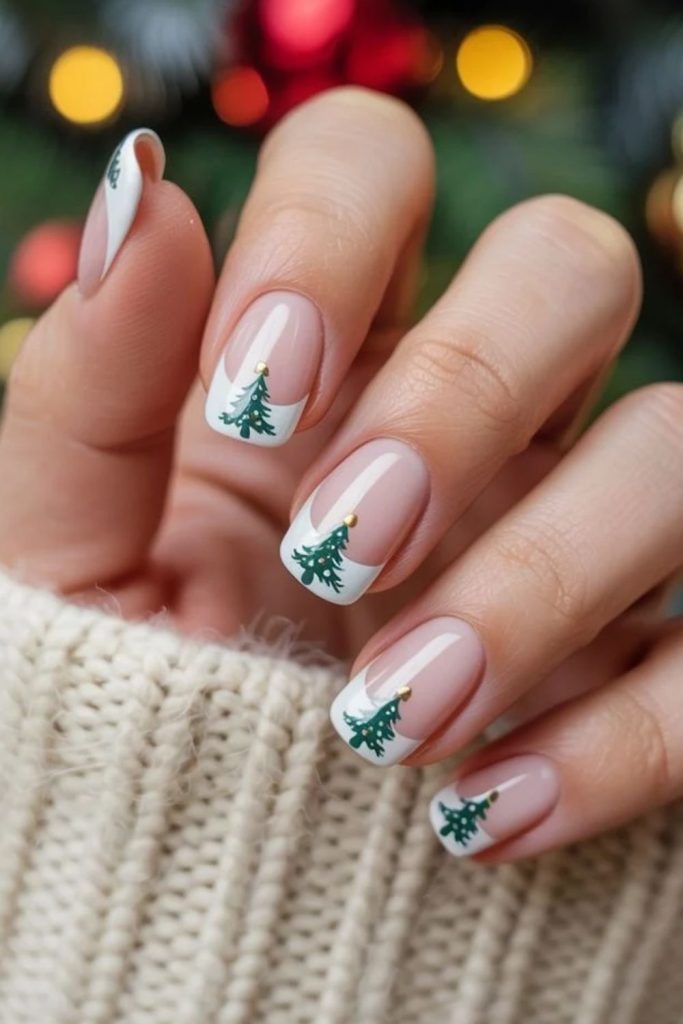 Festive French Christmas tree nail design.