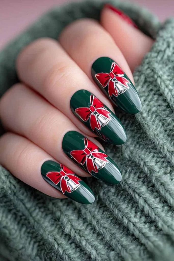 Red green ribbon Christmas nail art.