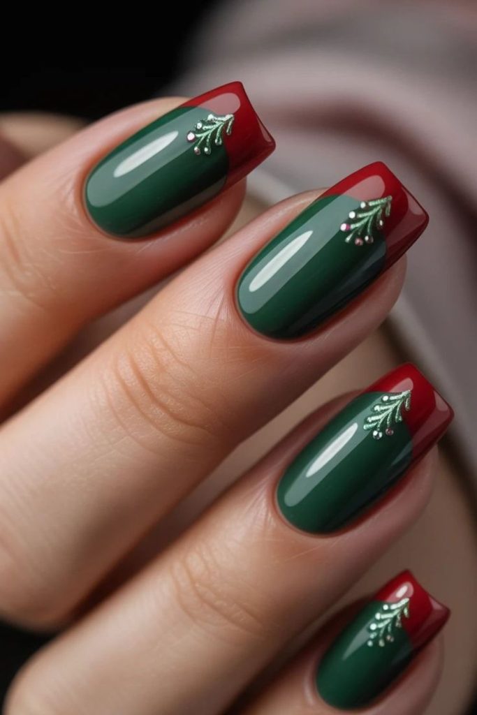 Forest green red French tip nails.