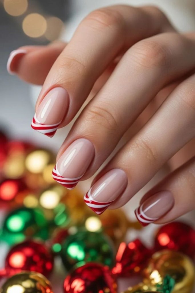 Frosted candy cane French tip nails.