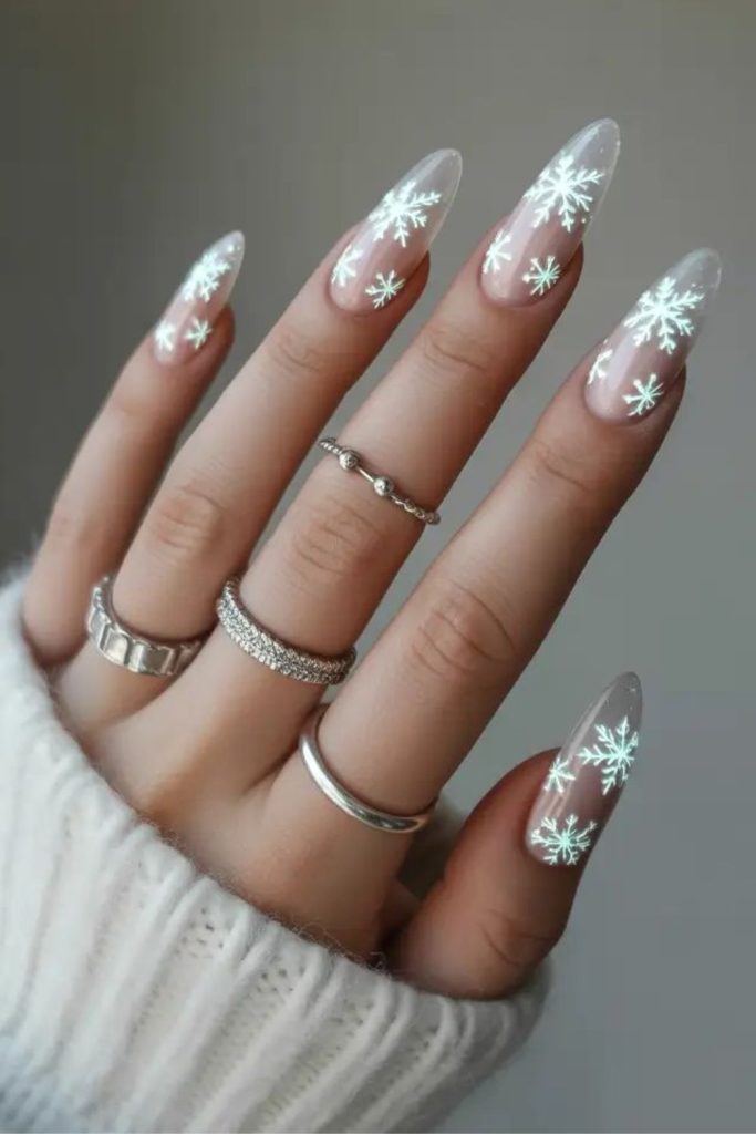 Sheer glassy frosted snowflake nails.