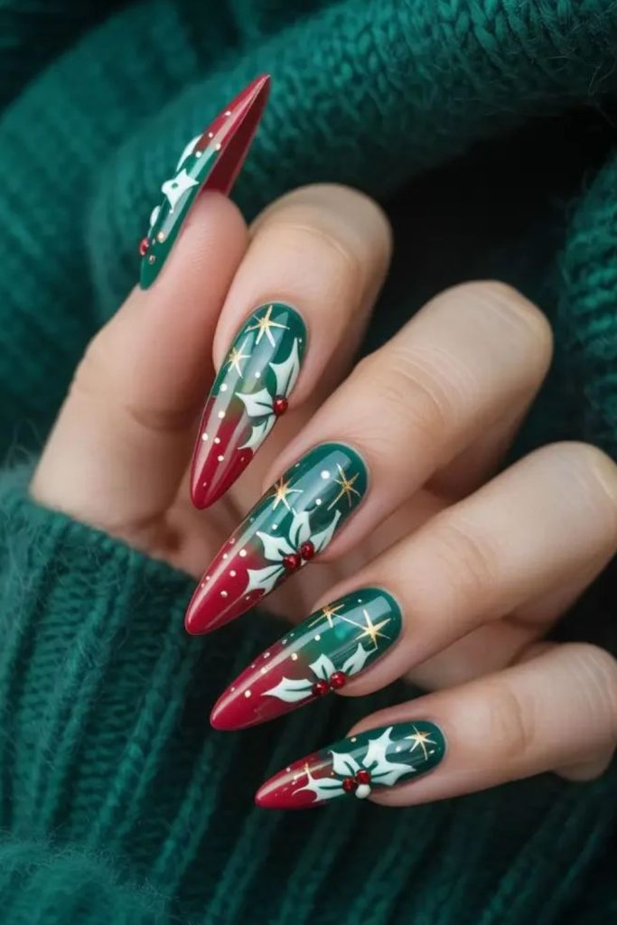 Red green gingerbread garden nail art.
