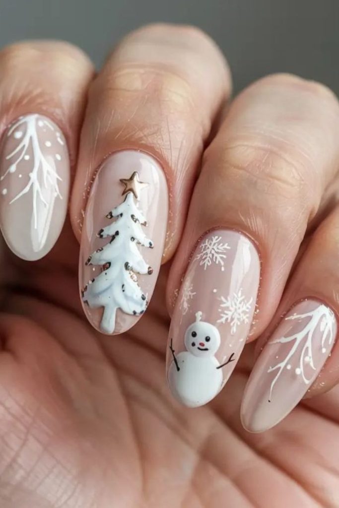 Gingerbread Christmas tree holiday nail art.