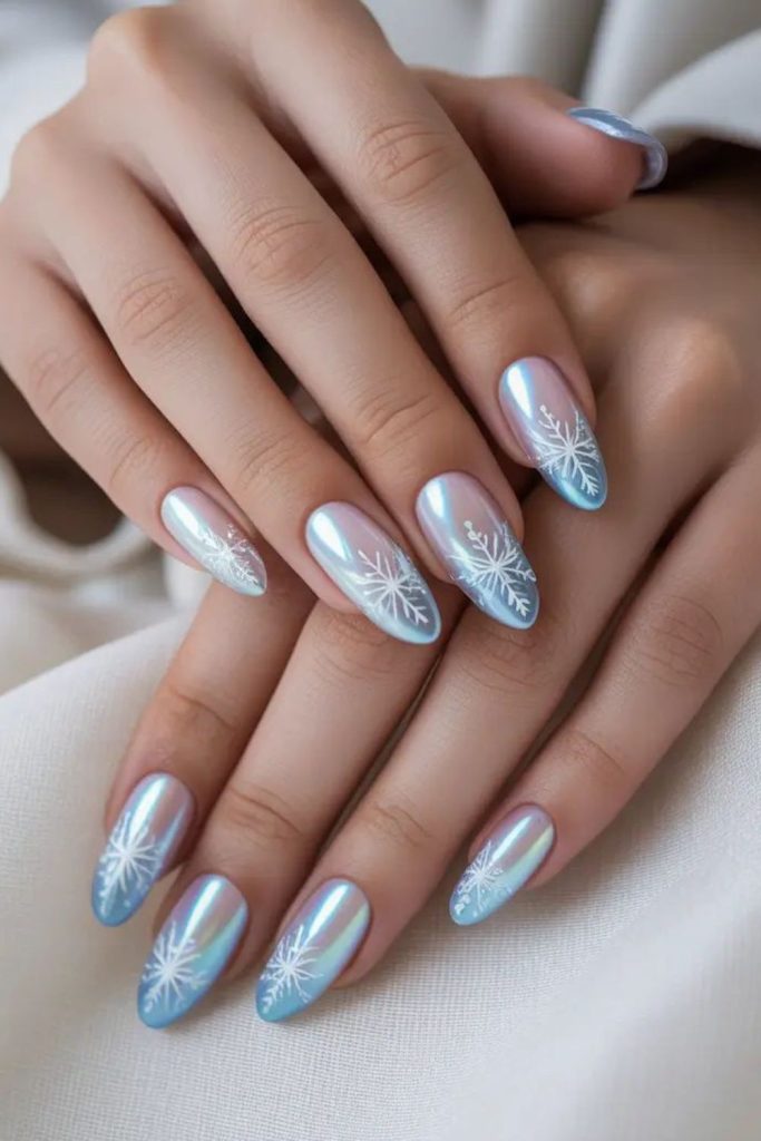 Glacier blue icy snowflake nails.