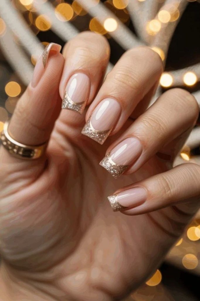 Glitter crown French gold nails