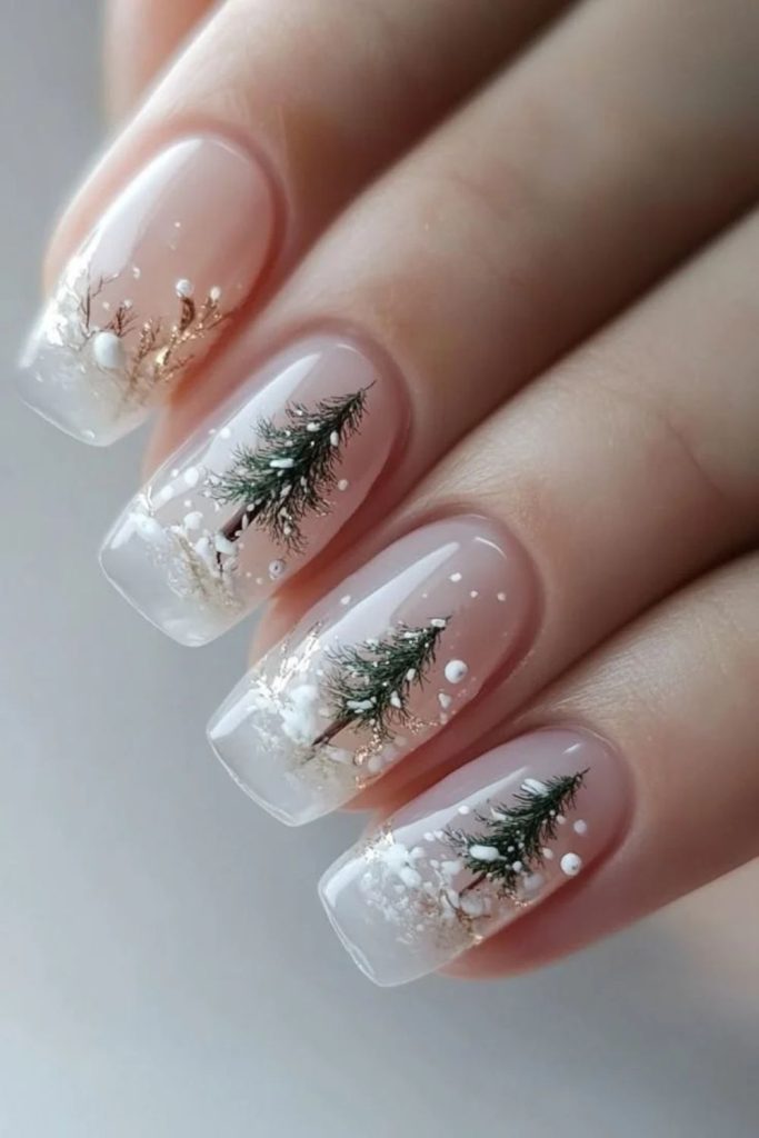 Glittering white Christmas tree nail art.