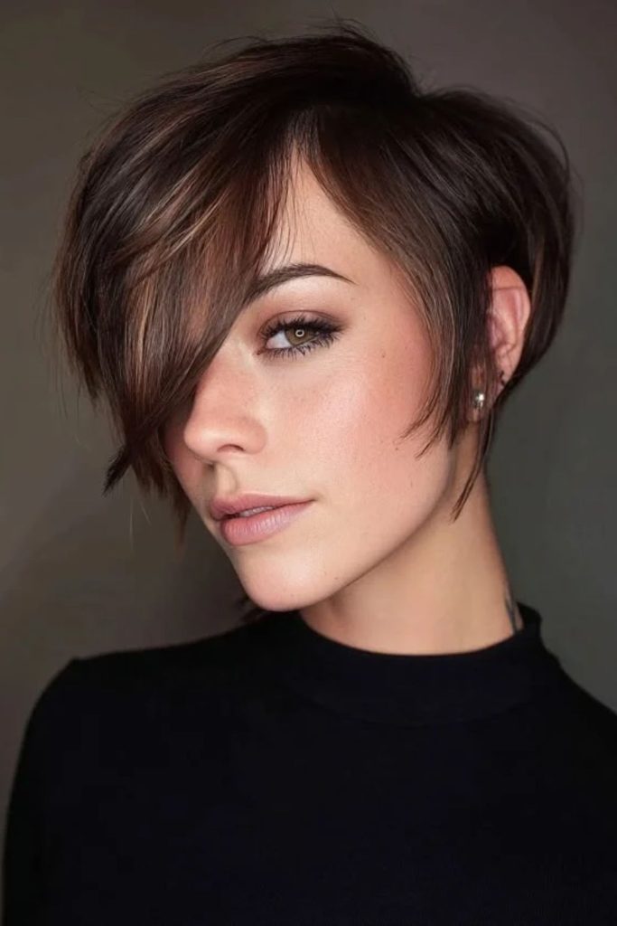 Glossy espresso pixie bob haircut.